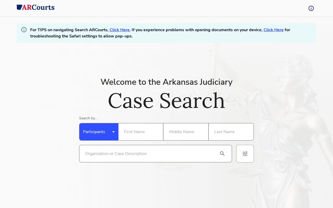 Search ARCourts participant and case search form