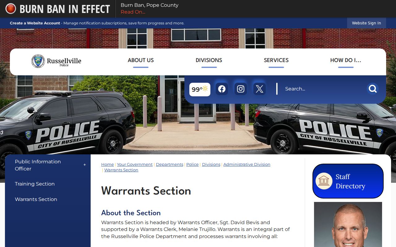 Official Russellville Police Warrants Division page and city warrant contact