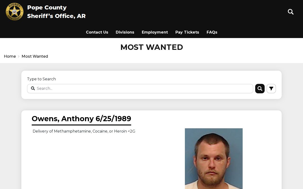Pope County Sheriff Most Wanted interface without republished roster details