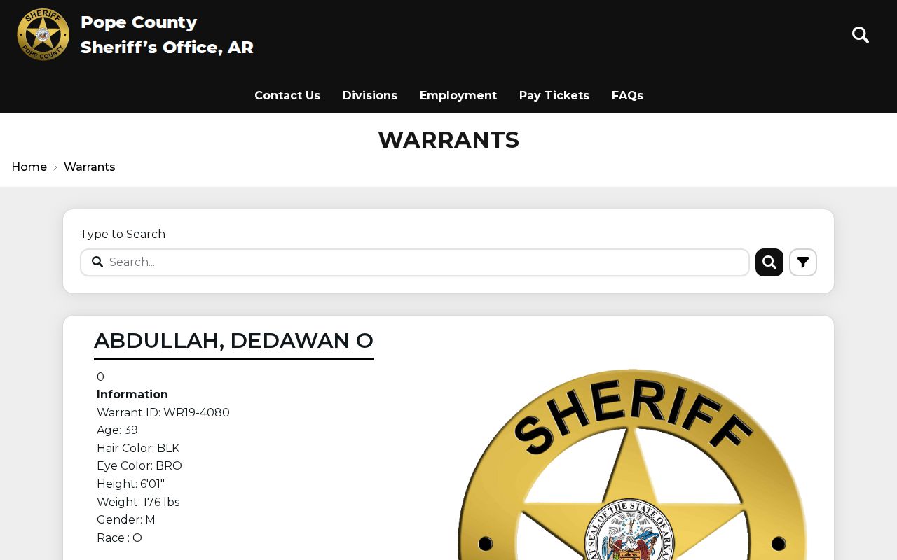 Pope County Sheriff blank warrant search interface